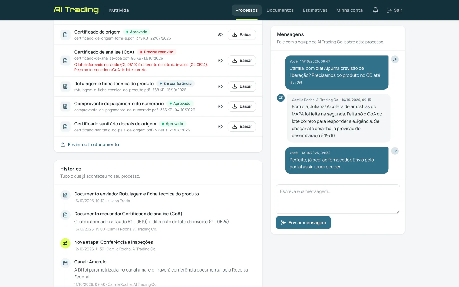 Conversa entre a cliente e a analista da AI Trading dentro do processo